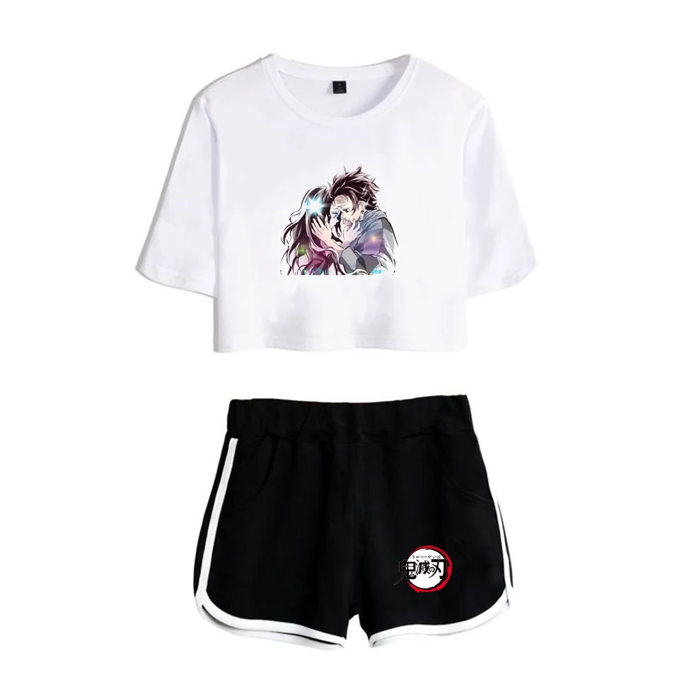 

Trendy Kawaii Anime Demon Slayer Print Dew navel Sport Girl suits Cute Youthful Two Piece Set Women Sexy Shorts+lovely T-shirt