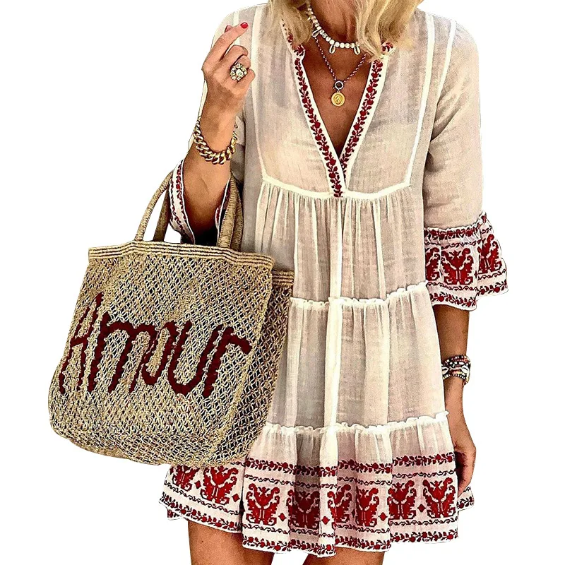 Женское винтажное платье с оборками в богемном стиле цветочным принтом V