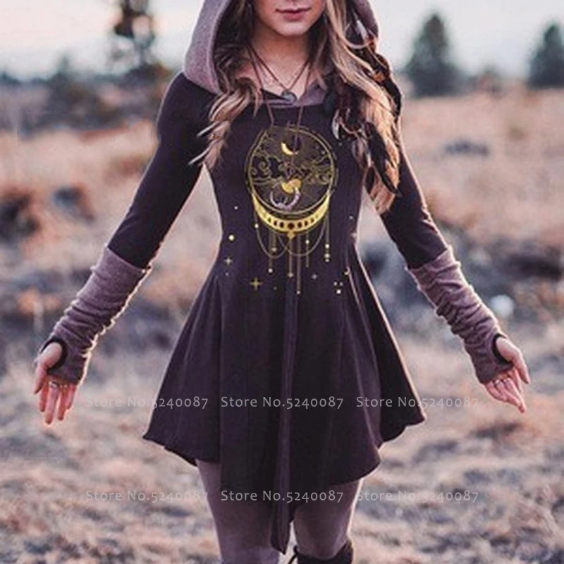 Женское платье с капюшоном Elf Victoria винтажный свитшот длинным рукавом и принтом в