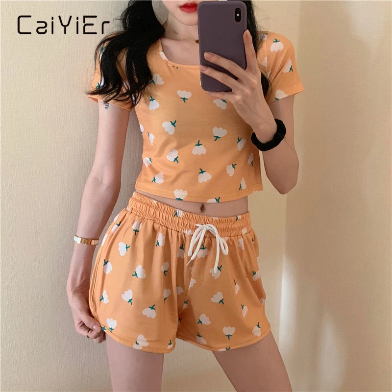 CAIYIER Women's Kawaii Sleepwear Suit Cute Sweet Print Sexy Super Short Leakage Umbilical Tops+Elastic Waist Short Pants Pajamas