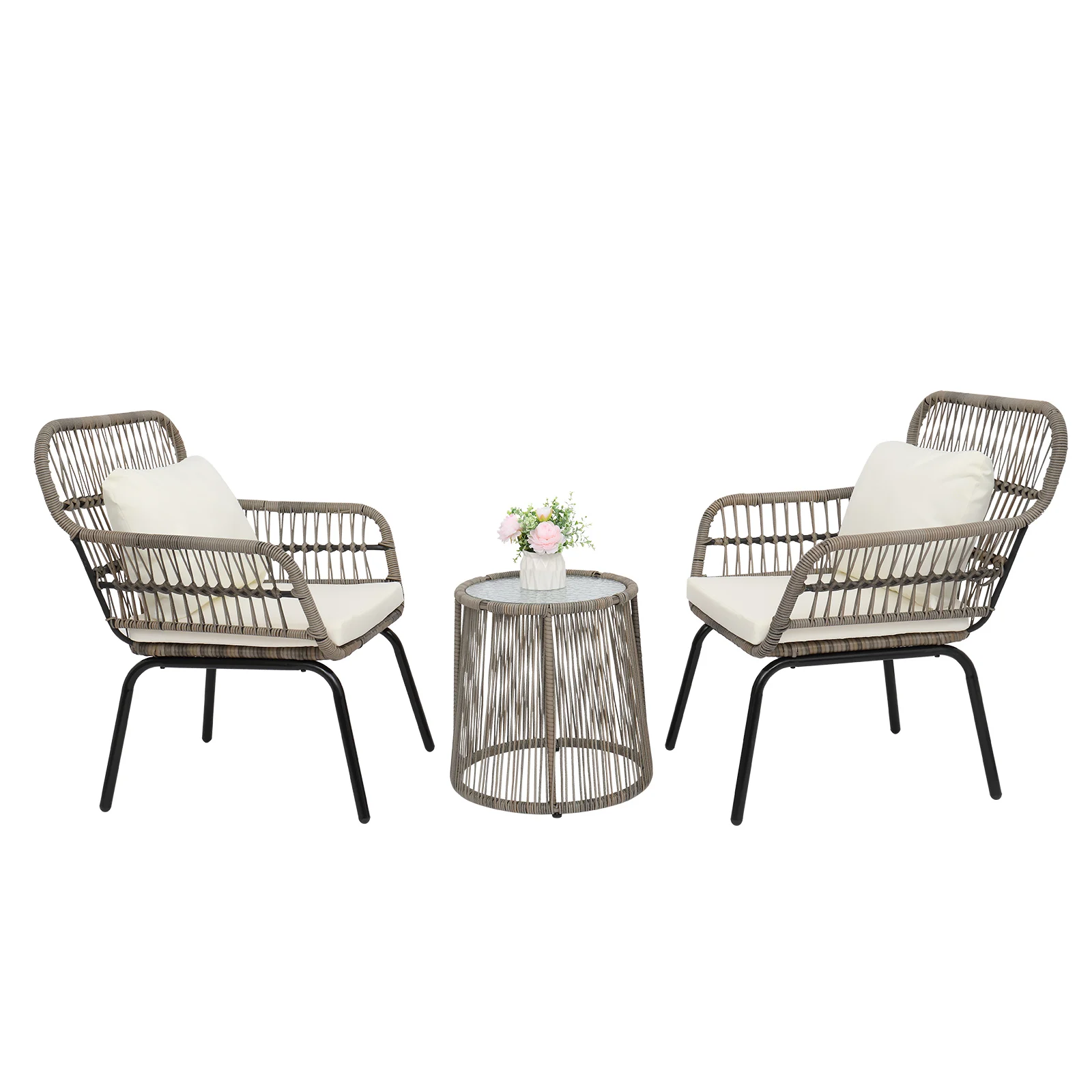 3-Piece Patio Wicker Conversation Bistro Set Steel Frame with 2 Chairs&Tempered Glass Top Side Table&Cushions Tan/Gray[US-Stock]