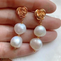 white baroque pearl earring 18k ear drop dangle hook party aaa gift real natural accessories fashion aurora wedding