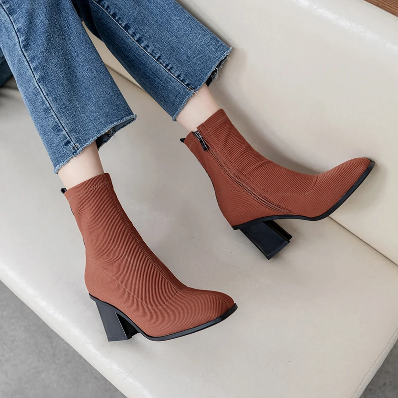 

ANNYMOLI Women Ankle Boots Shoes Zipper High Heel Short Boots Square Toe Block Heels Ladies Boots Autumn Black Brown Big Size 43