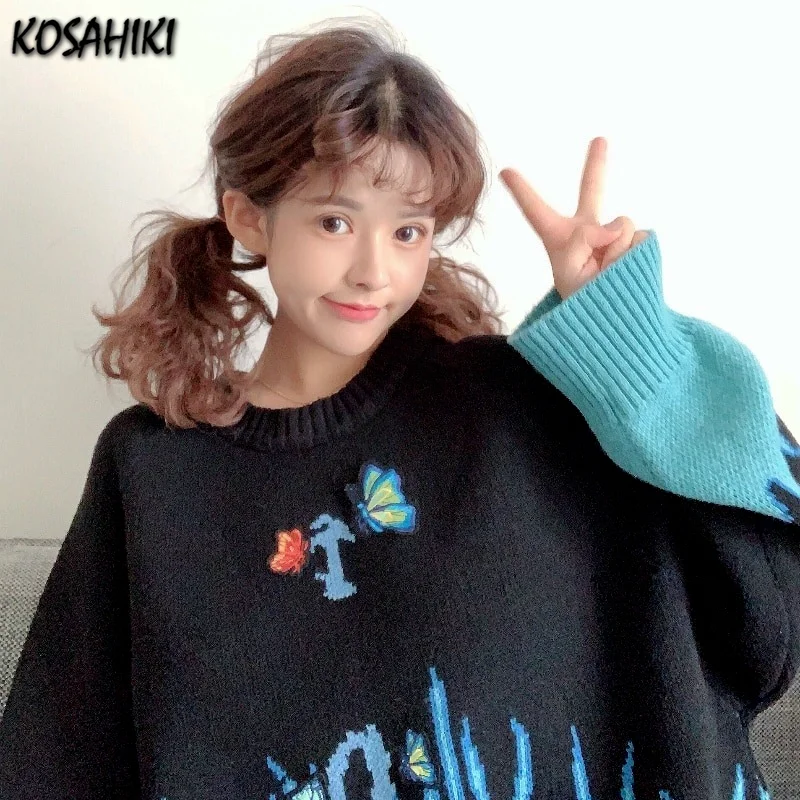 Женский трикотажный свитер с аппликацией бабочки в стиле Харадзюку | Женская
