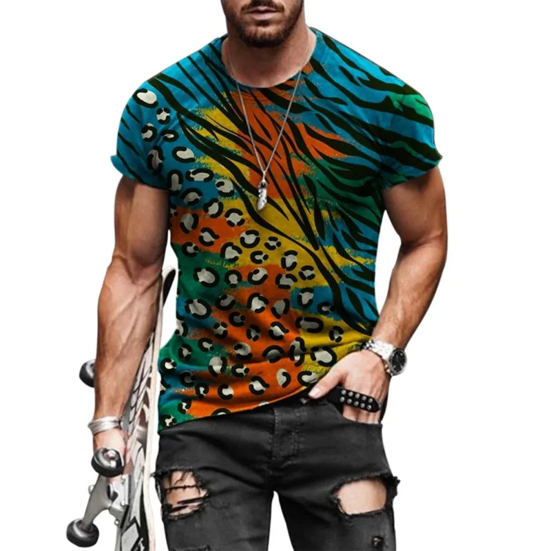 

Summer Men's T-shirt Street Fashion Vintage Feather Color Matching 3d Clothes Large Size Mens Top Loose Pullover T-shirt