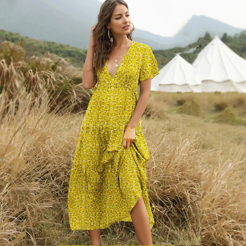 

2021 Summer Beach Holiday Dress Women Casual Floral Print Elegant Boho Long Dress Ruffle Short-Sleeve V-neck Sexy Party Robe