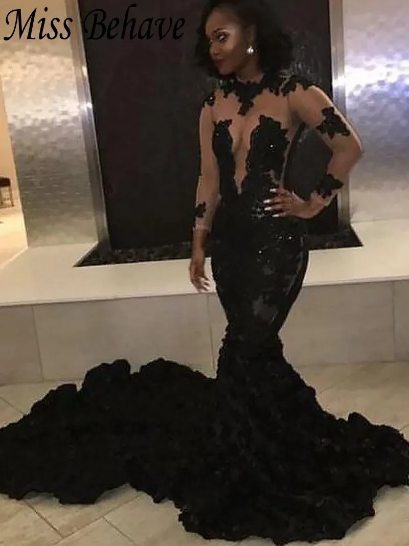 DD JYOY Black Evening Dress Mermaid 3D Lace Long Formal Gown Sexy Illusion Body Train | Свадьбы и торжества