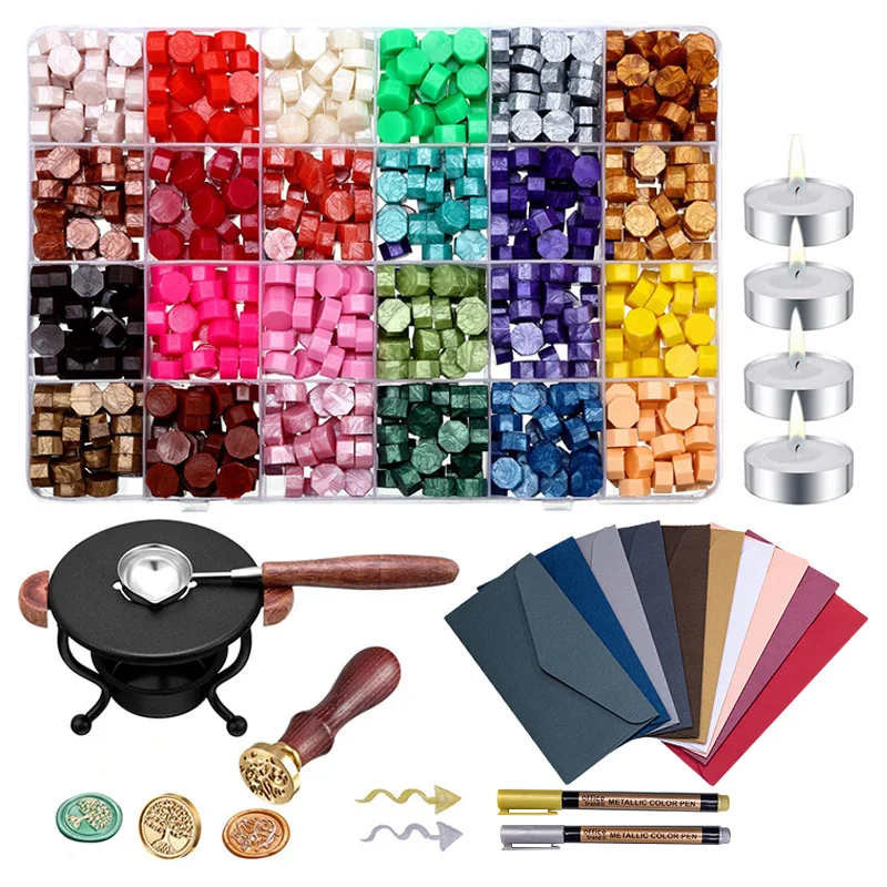

24 Grids DIY Macaron Octagon Wax Seal Box Set Sealing Beads for Envelope Wedding Packaging Gifts Business Stamping 1Set