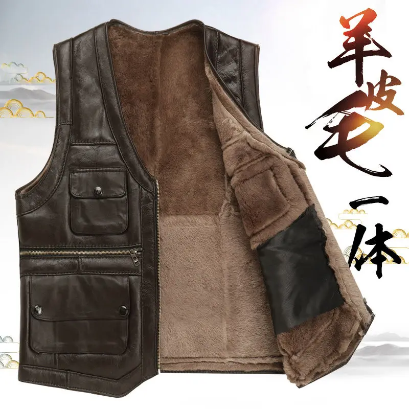 2021 Men's Leather Vest Full-Grain Sheepskin Autumn and Winter Multi-Pocket Casual Fur Integrated Warm | Мужская одежда