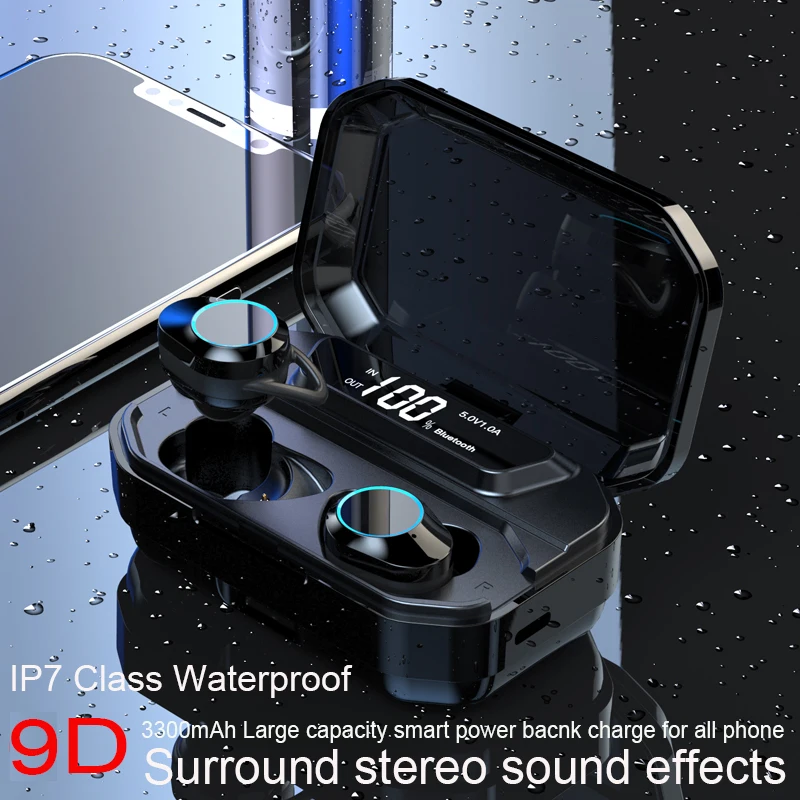 G02 5.0 Bluetooth Stereo Earphone Wireless Headphones IPX7 Waterproof Touch Earbuds Headset 3300mAh LED Display Smart Power Bank |