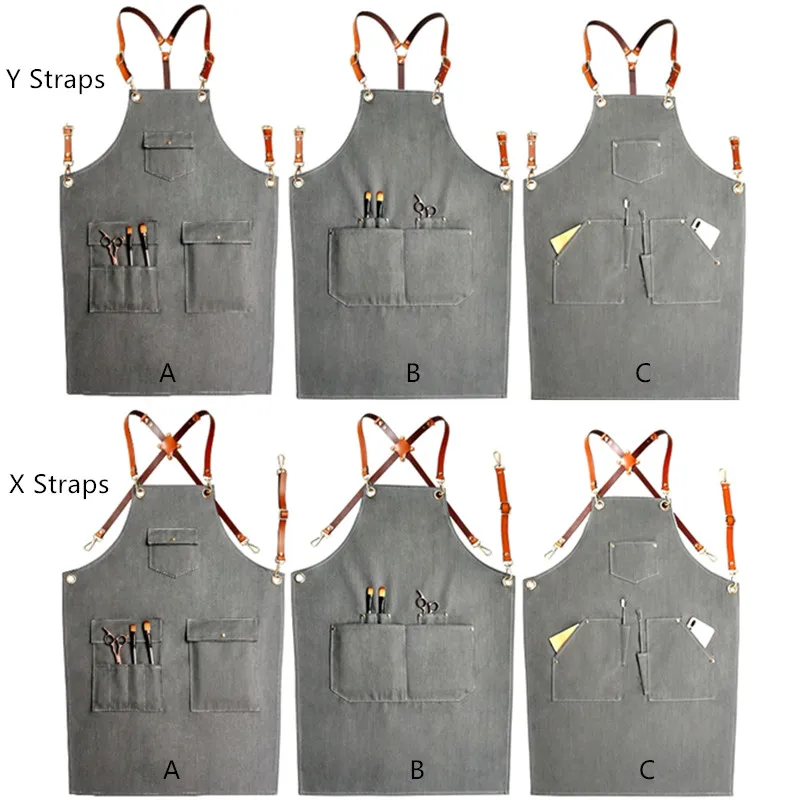 Серый джинсовый фартук ремешок из воловьей кожи бариста микстролога