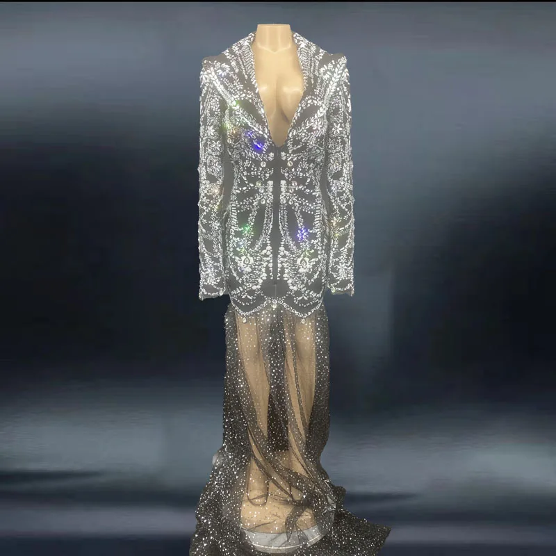 

Модная одежда для ночного клуба в стиле хип-хоп, яркий вечерний костюм для вечеринки, блестящая сетчатая Женская длинная юбка с кристаллами, одежда для вечеринки