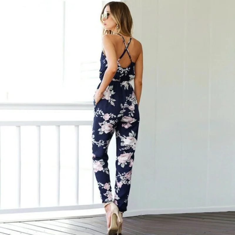 

Ladies Temperament Women's Printed Suspender Jumpsuit Party V-neck Floral Bandage Jumpsuit High Waist Trousers Club Wear Summer