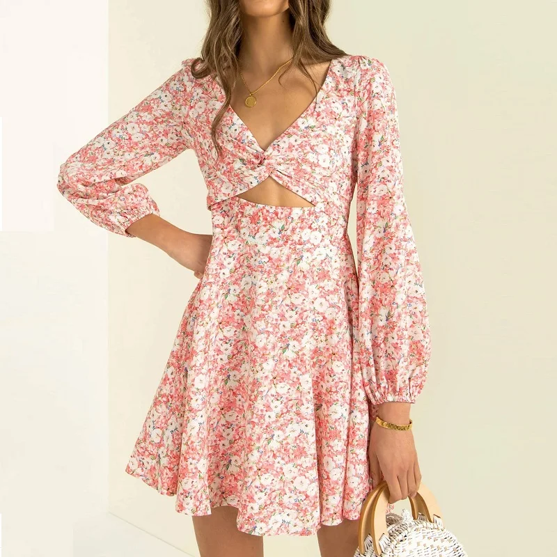 

Женское шифоновое платье-мини с V-образным вырезом и длинным рукавом