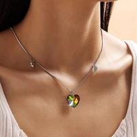 trendy popular silver color clavicle chain necklaces for women geometric colorful crystal heart sweater necklace pendant jewelry