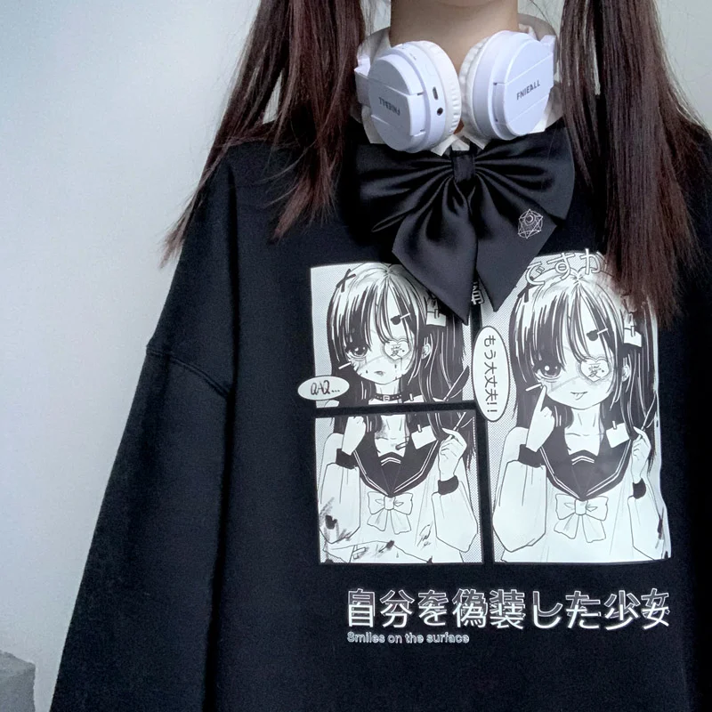 

Женские толстовки с длинным рукавом, свободные пуловеры с аниме принтом в стиле панк, уличная одежда, зимний Повседневный Женский свитшот, м...