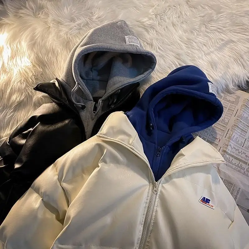 Bread Clothes Men's Loose Thick Hooded PU Leather Coat Men's Splicing Cotton Coat Winter Warmth Cotton Jacket Tide  Men Jacket