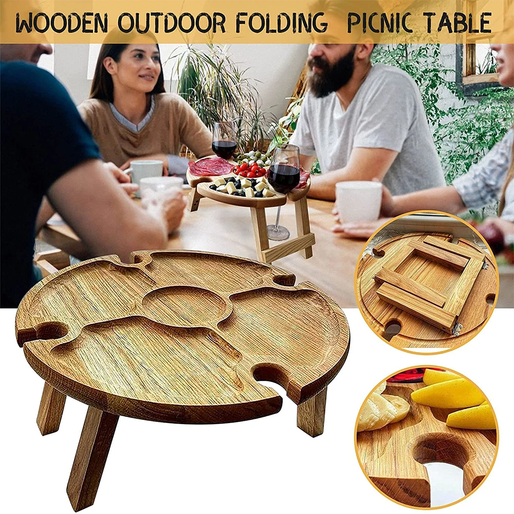 

Foldable Wine Picnic Table Portable Mini Charcuterie Round Desk with 5 Cells & 4 Glass Holder for Travel Beach jlrr