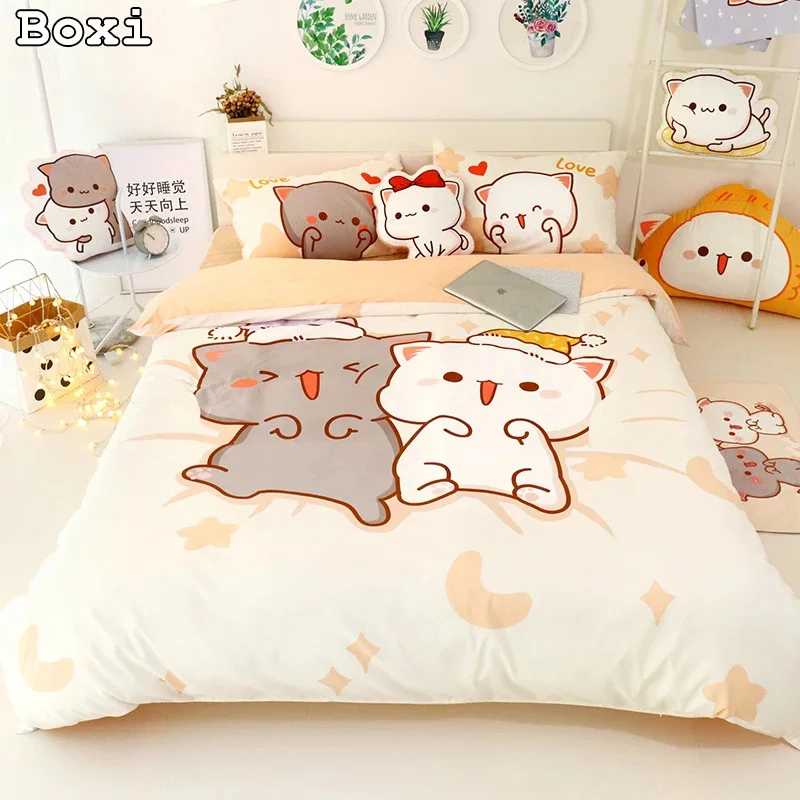 Juego de sábanas de algodón para cama de gato Kawaii, funda de edredón suave, tamaño doble, Queen, fundas de almohada, 4 Uds.