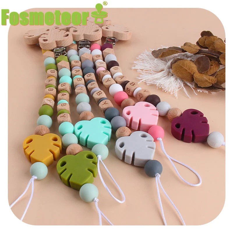 

Fosmeteor Baby Pacifier Chain Teether Rattle Set Nipple Clip Holder Infant Silicone Wooden Leaf Teething Soother Molar Toy