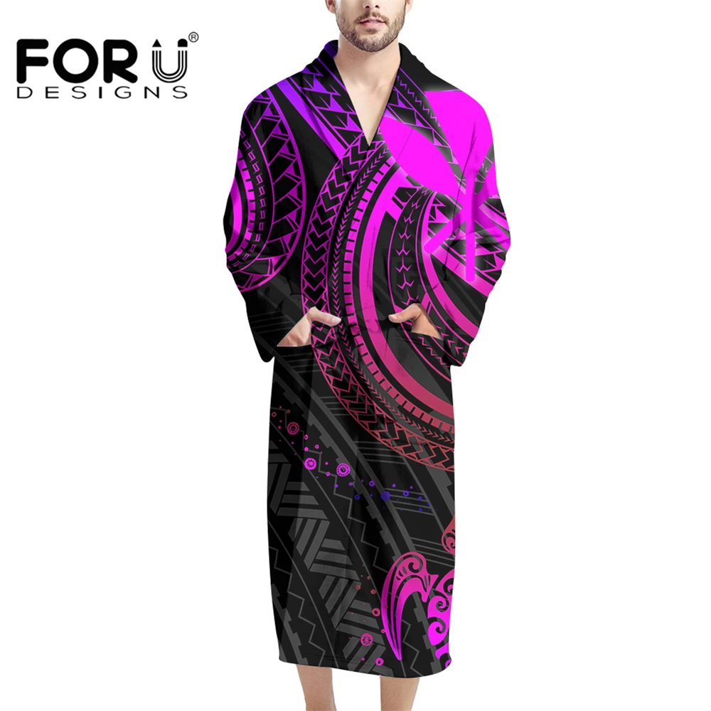 

FORUDESIGNS Polynesian Psychedelic Purple Nightgown For Mens Classic Shawl Bathrobe with Pocket and Belt Cozy Robes Night