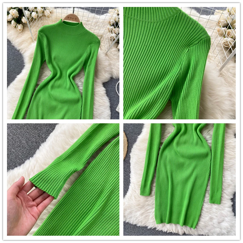 Женское трикотажное платье-свитер с воротником-стойкой и длинным рукавом