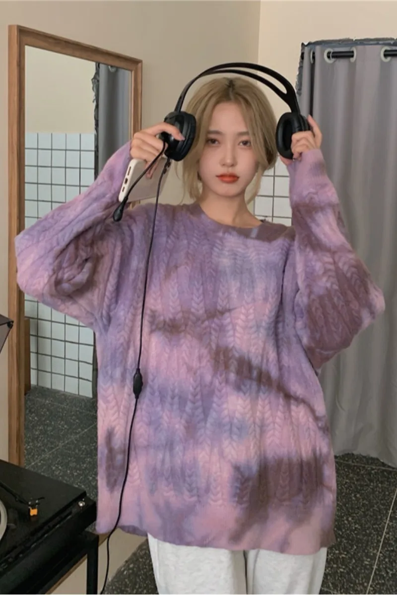 

New lazy style girl retro tie-dyed twist knit sweater pullover top for women