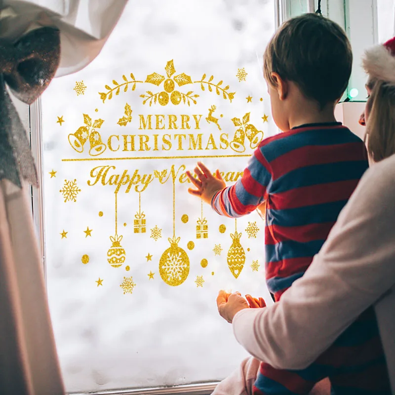 

1set Merry Christmas Wall Stickers Elk Snowflake Window Glass Stickers Xmas Tree PVC Static Sticker For Home New Year 2021 Decor