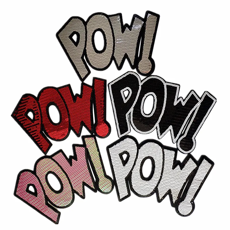 

Name Logo Patch POW! Iron on Patches Bulk for Clothing Sequin Accessories Diy Stickers for Clothes Large Badge Free Shipping