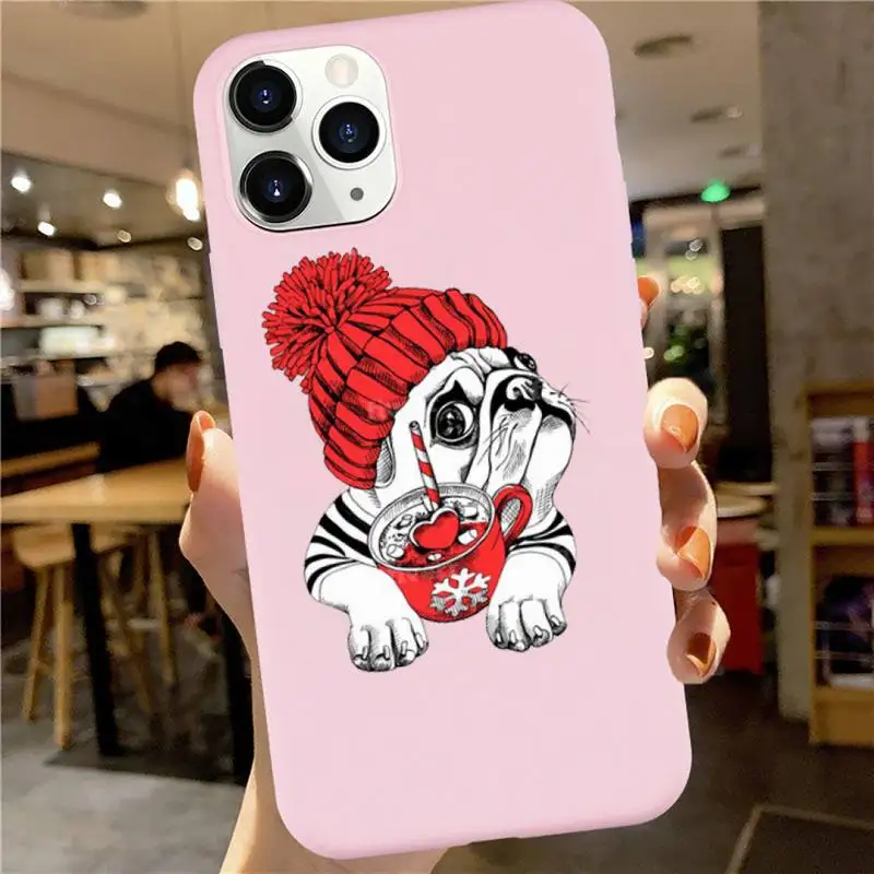 

Cute dog puppy Pug Bulldog Phone Case Pink Candy Color for iPhone 6 7 8 11 12 s mini pro X XS XR MAX Plus
