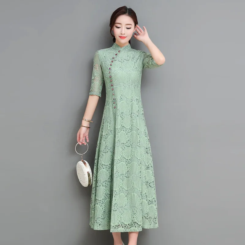 

Vietnam Ao Dai Dress for Woman Vintage Oriental Chinese Qipao Cheongsams Tight Bodycon Lace Embroidery Wedding Aodai Clothing