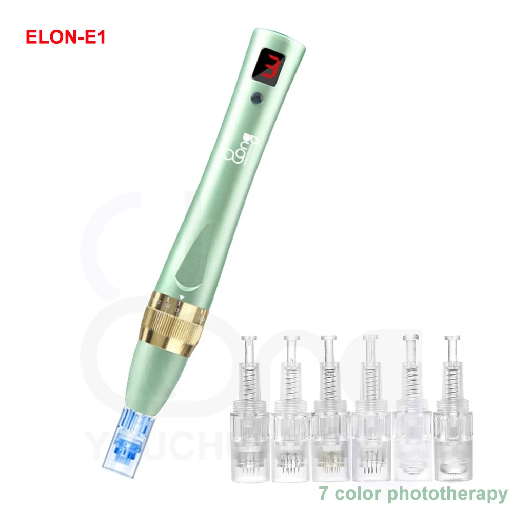 ELON-YC 더 마 펜 E1 7 색 광선 요법 LCD 디스플레이 무선 나노 Dermapen A6 전기 마이크로 바늘 Microneedling 더 마 펜