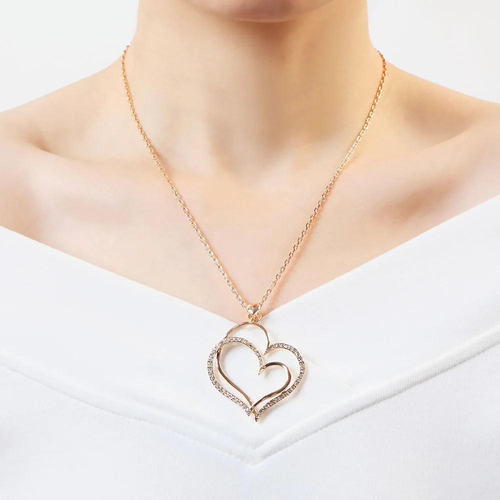 

Fashion Double-heart Pendant Necklace 14K Rose Gold Silver Color Chain Necklace Choker AAA Zircon Diamond Wedding Jewelry