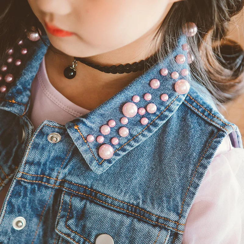 

2021 New 2 PCS Teens Girls Clothes Set Fahsion Baby Kids Denim Bow Jacket Vest +Lace Long-sleeve Dress for Children Clothing Set