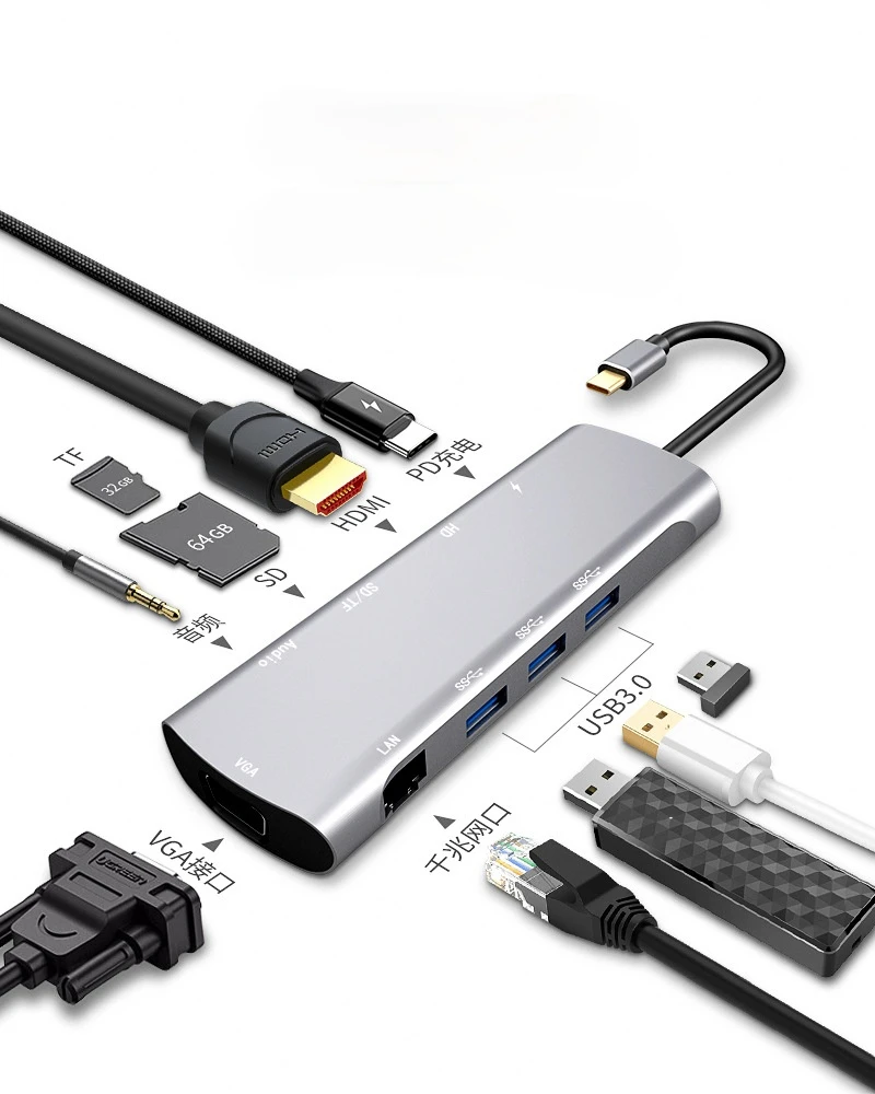 USB-C HUB Typec To Hdmi/gigabit Ethernet Audio/SD/VGA/usb*3/PD Ten-in-one Computer High-definition Converter