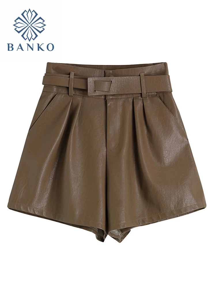 

Shorts For Women Chic Fashion With Belt Faux Leather Vintage Streetwear Gothic High Waist Y2K Female Baggy PU Short Pants Mujer