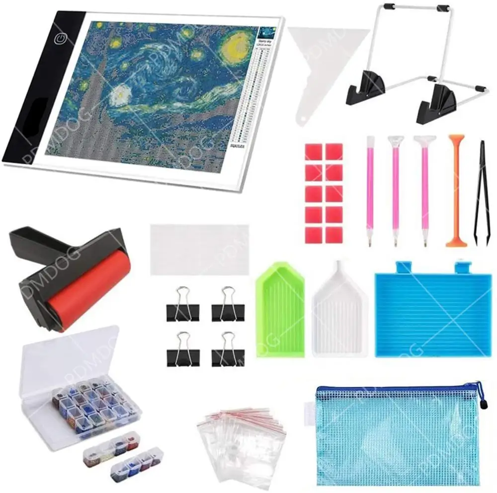 

PDMDOG Diamond Painting Tool A4 LED Light Pad, Pen, Plastic Tray, Diamond Painting Roller, Stand Holder and Diamond Painting Box