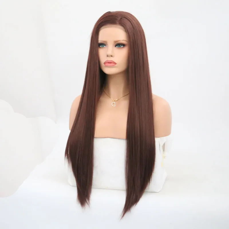 Харизма темно коричневый парик длинный прямой синтетический кружевной передний