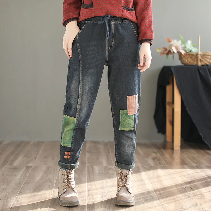 Зимние женские джинсы Ретро стиль Свободные флисовые теплые джинсовые штаны 2019