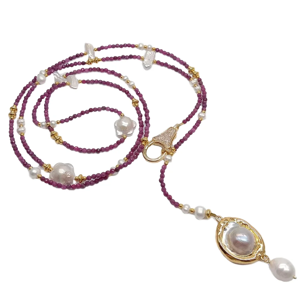 

YYING Natural Round Red Rubys White Keshi Pearl Loop Long Necklace Mabe Pearl Pendant necklace classic for women