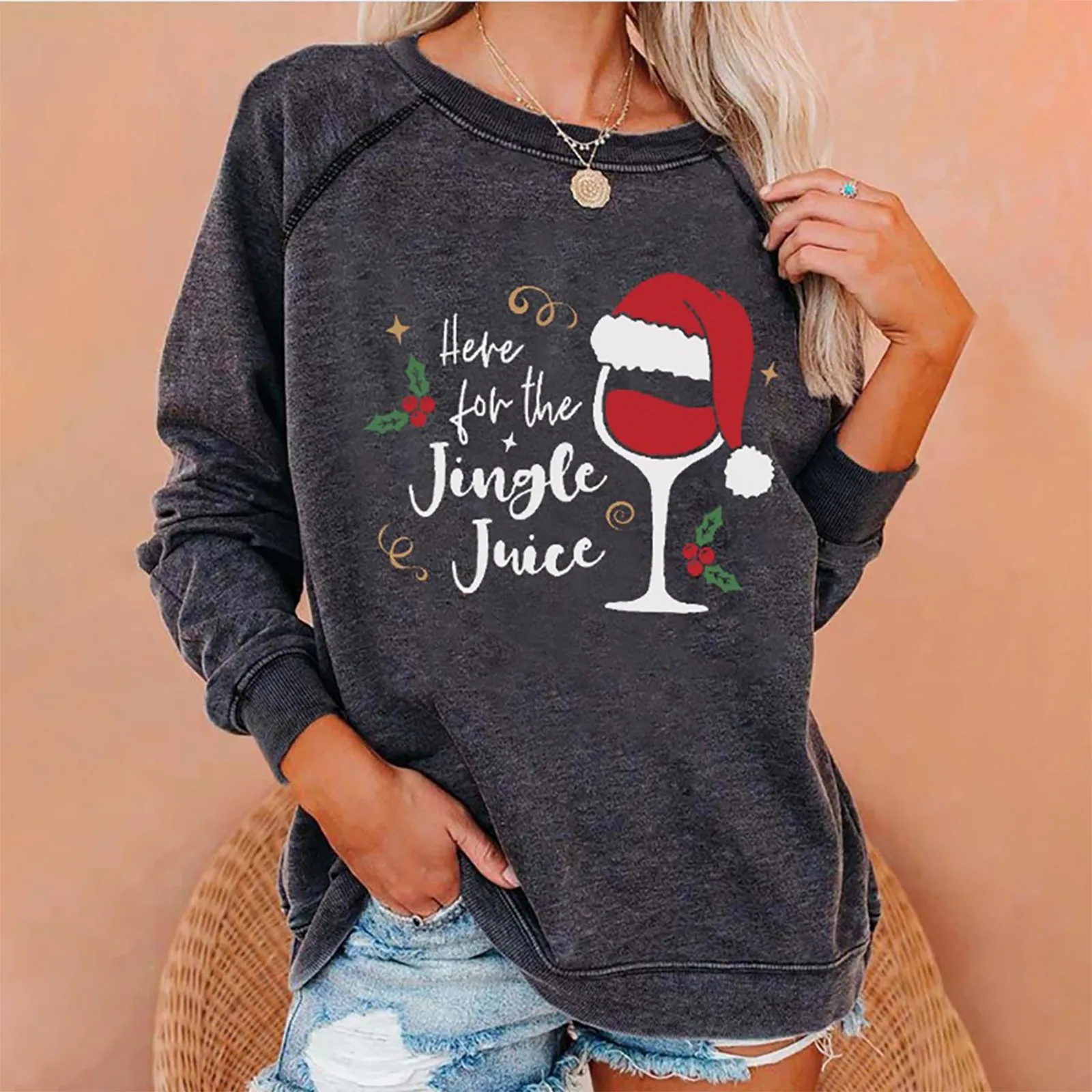 

Свитшот женский с круглым вырезом, Рождественская Кепка, свитшот с принтом Винных Бокалов, с длинным рукавом и карманами