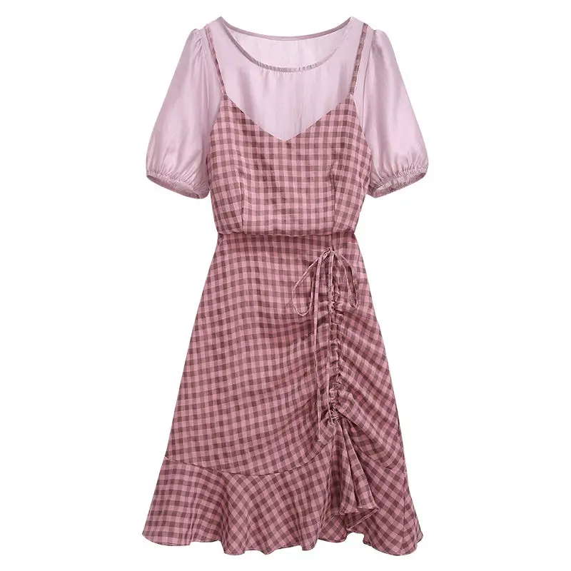 

ICHOIX Korean style lace-up women dress slim summer dress 2020 cute girl pink plaid dress patchwork mermaid dress short vestidos