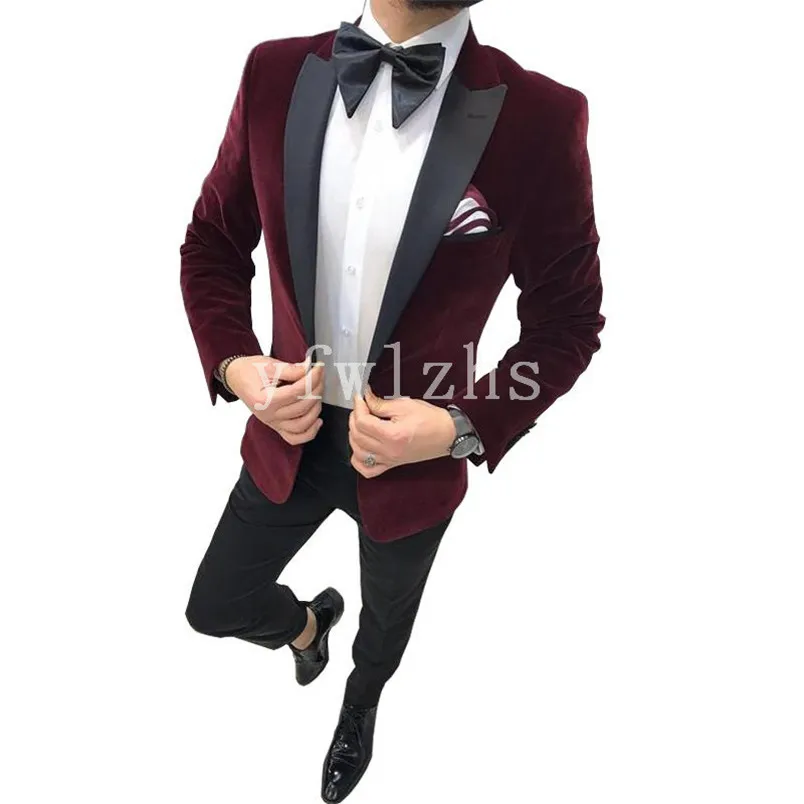 

Handsome Velveteen Groomsmen Peak Lapel Groom Tuxedos Mens Wedding Dress Man Blazer Prom Dinner (Jacket+Pants+Tie) A156