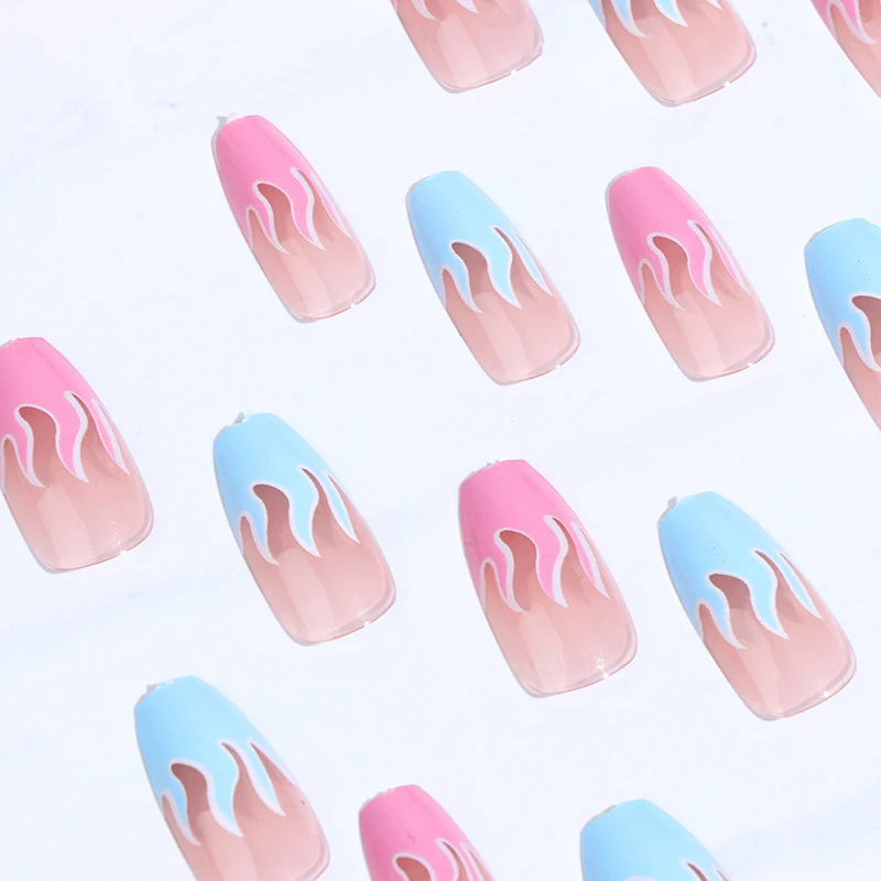 

European Square Flame Fake Nails Design Blue Purple Fire Pattern Full Cover False Nails Artificial Nail Decal Art Tips