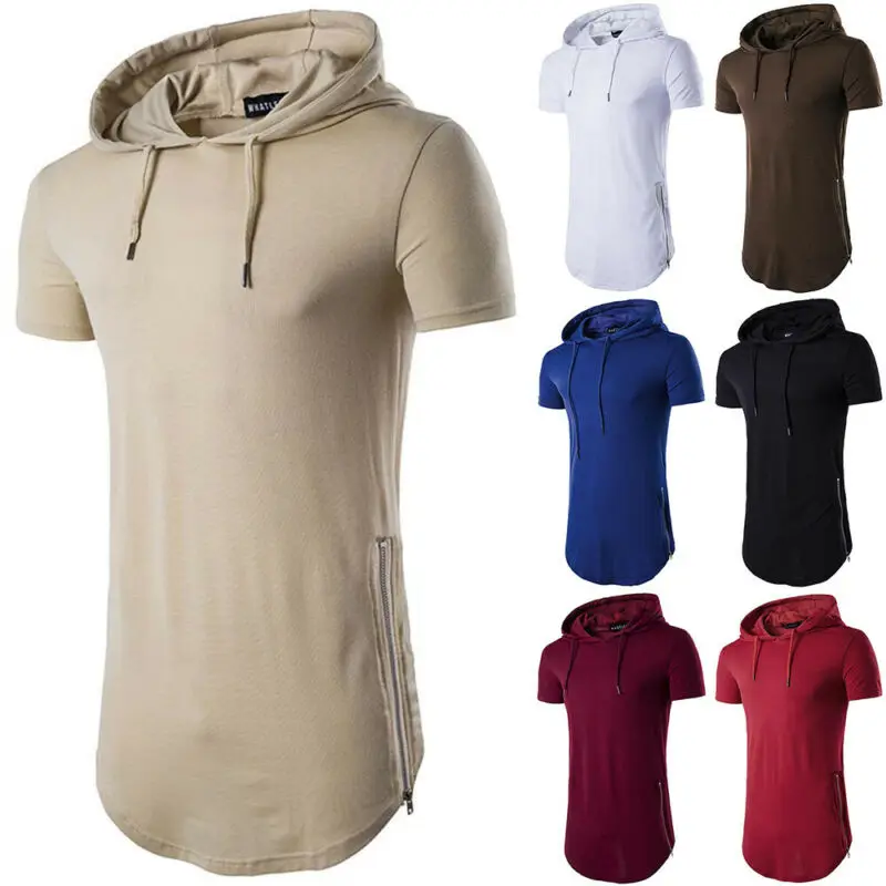 

Mens Solid Color Short Sleeve T Shirt Hooded Hoodie Long Shirt Casual Tops
