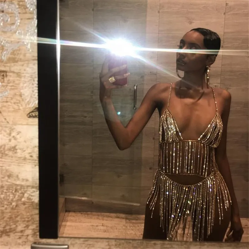 

Exaggerated Rhinestone Long Tassel Belly Dance Nightclub Sexy Covering Half Body Dress Body Chain Suit
