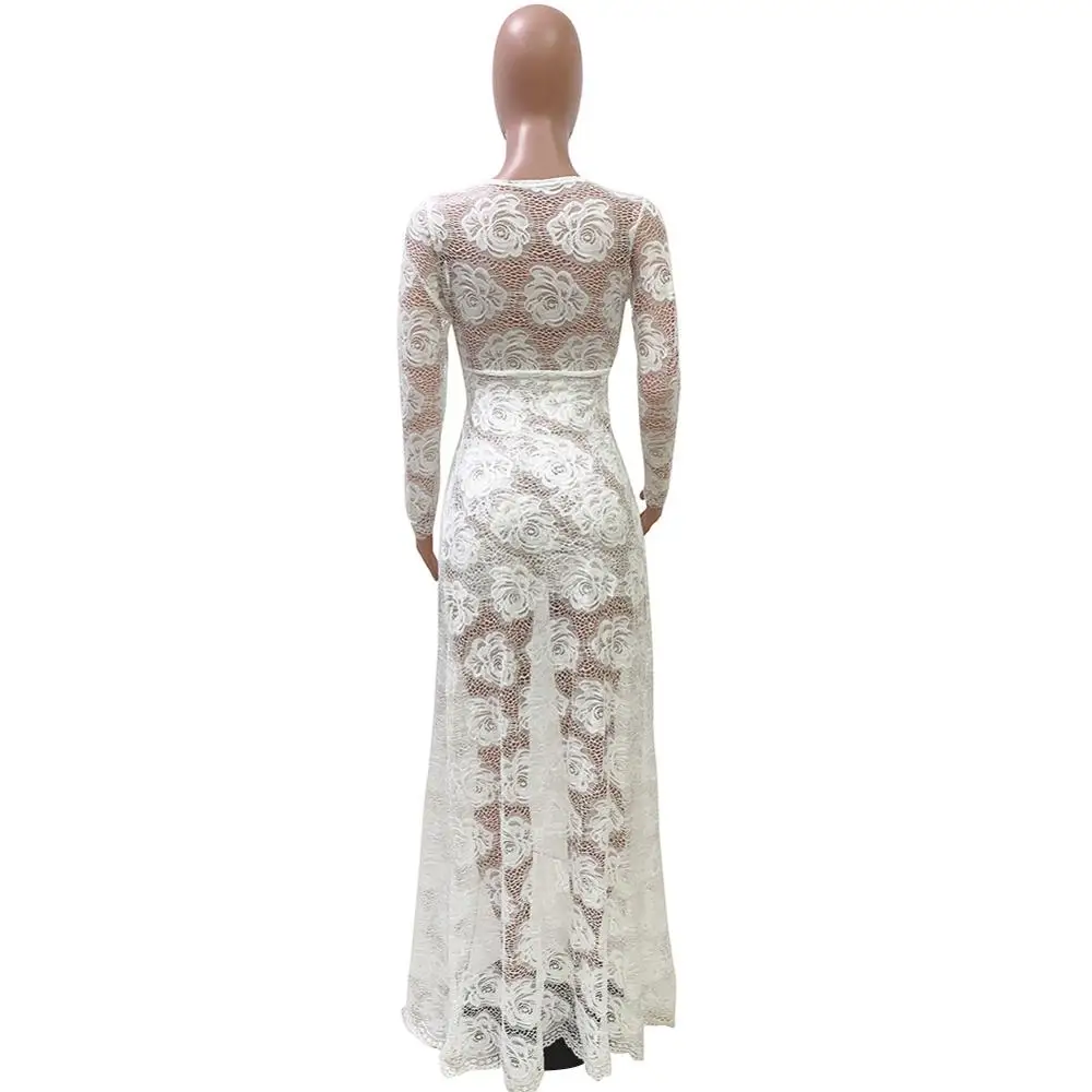 

Echoine sexy lace maxi dress Stitching perspective irregular backless zipper dresses female long sleeve see through party clothe