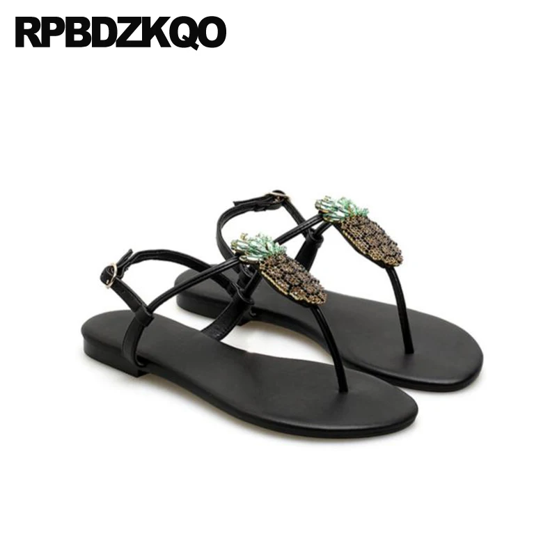 Ананас Сандалии на ремнях с бантом петлей пятке Стразы Т образным ремешком