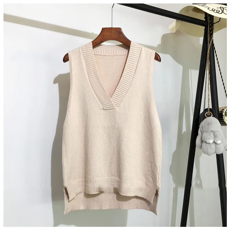 

Women V Neck Sweater Vest Korean Preppy Style Solid Knitted Sleeveless Sweater Female Autumn Winter Casual Loose Pullover Jumper