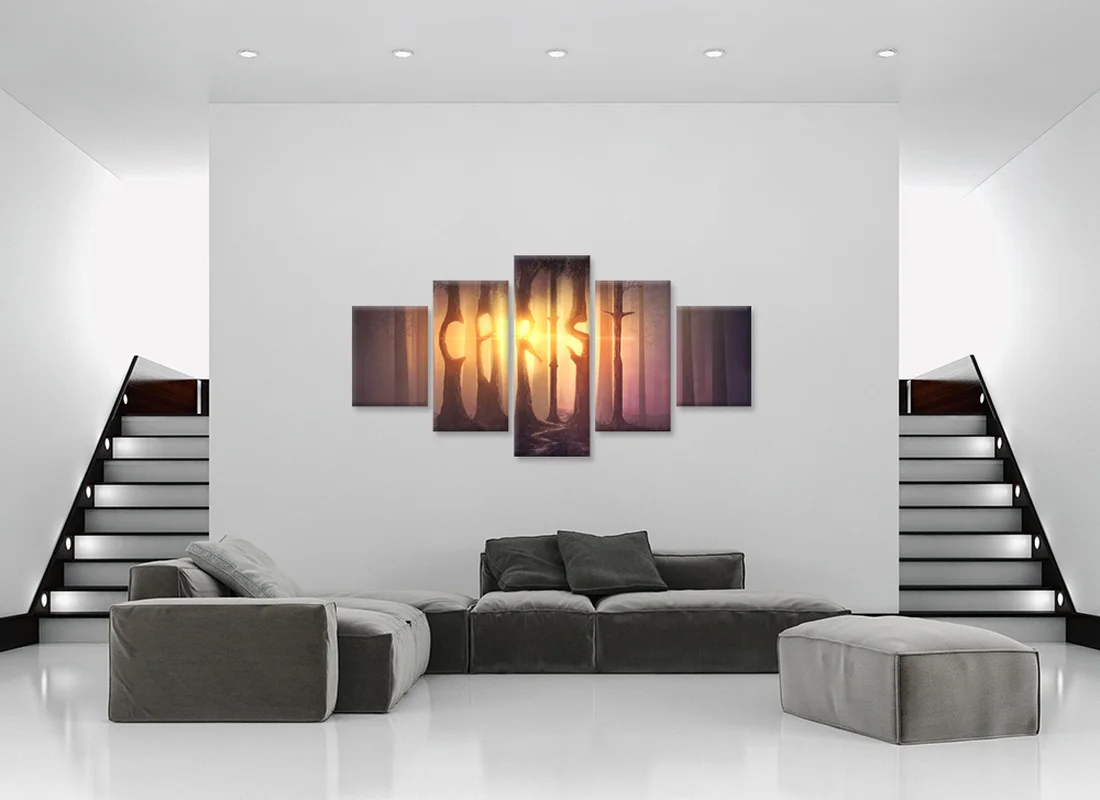 

5 Panels Canvas Wall Art Painting Foggy Forest At Sunset Print Home Decor Poster Modern Living Room Decoration Picture